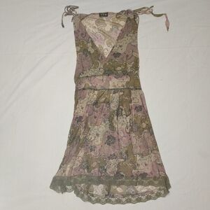 Dex Fresh Boho Sheer Sleeveless Green Pink Print Dress, Small